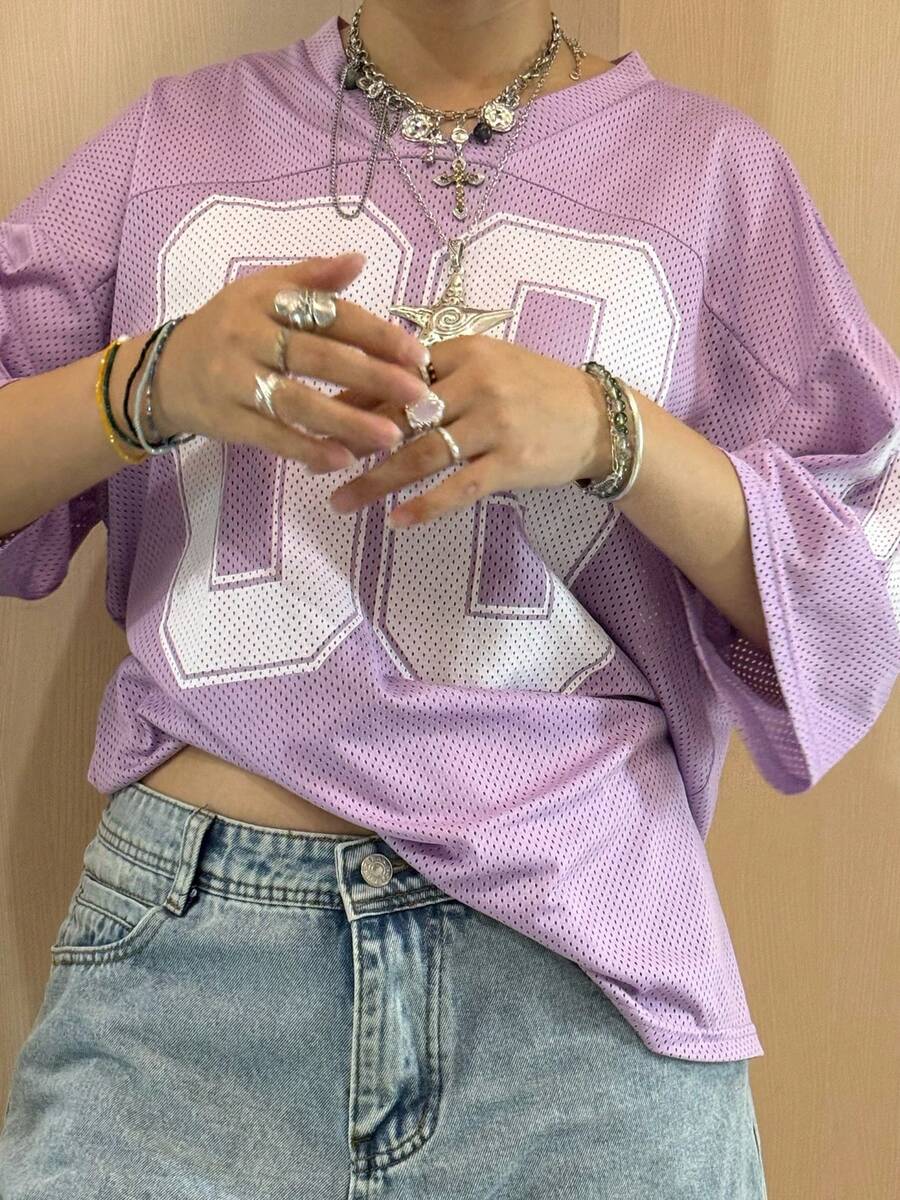 Jersey Shirts For Women Y2k Oversized T Shirt Number Graphic Tees V Neck Half Sleeve Streetwear Tops - Màu tím - Xem 1