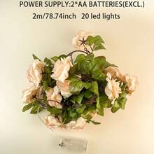 1 pieza 2M/20 LED Guirnalda de rosas rosas artificiales alimentada por batería (no incluida) con luces de cadena de flores de tela y hojas verdes realistas, perfecto para decoración del hogar, Navidad, Año Nuevo, Día de San Valentín y celebraciones de temporada