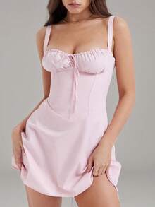 Women Summer Casual Sling Dress Solid Color Tie-Up Fishbone Waist Shaping Sleeveless Backless Short Dress Fashion Party Dress - Hồng - Xem 1