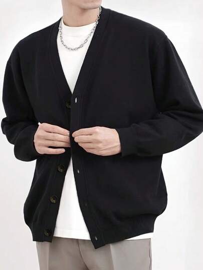 เสื้อสเวตเตอร์คาร์ดิแกนถักติดกระดุม เสื้อสเวตเตอร์ผู้ชายสีพื้นมาใหม่ ฤดูใบไม้ร่วง ฤดูหนาว เสื้อแขนยาว