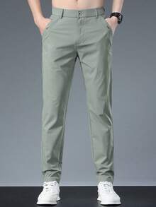 Men Solid Color Casual Tapered Pants With Pockets, Fall - Grass Green - View 2