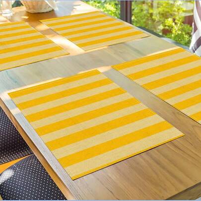 4 件黄色条纹餐垫，矩形亚麻布装饰桌垫，餐厅、厨房、派对餐垫