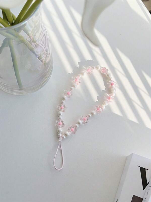Lovely Simple Floral & Pearl Beaded Mobile Phone Accessories In Pastel Pink