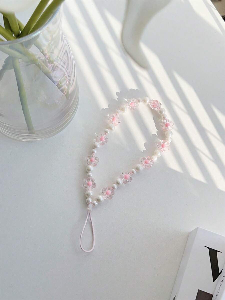 Phụ kiện điện thoại di động đính hoa và ngọc trai đơn giản đáng yêu màu hồng nhạt - Hồng - Xem 1