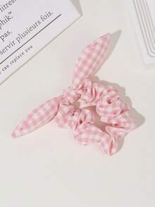 1/5 件可爱糖果色格子兔耳形发圈，儿童发饰