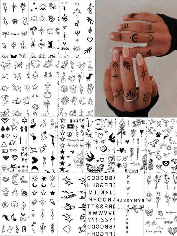 20pcs Creative Black Small Design Fake Tattoos, Realistic Branch, Planet, English Letter Tattoo Stickers Waterproof Temporary Tattoos For Men & Women, Arm, Face, Neck Decoration