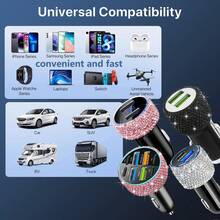 Bling Bling 水钻水晶多端口车载充电器快速充电 PD QC3.0 USB C 车载手机充电器 Type C 适配器 3 合 1 快速充电线兼容 Andriod 手机、行车记录仪、iPad、GPS、节日/生日礼物