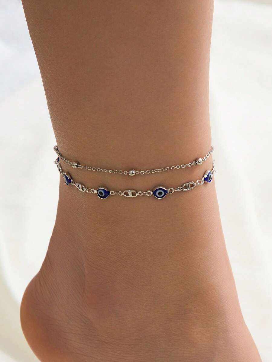 1pc Silver Unique Design Fashion Demon Eye Anklet Jewelry For Women (Handmade, Bead Quantity May Vary But Fixed Length) - Silver - View 1