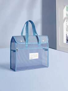 1pc Flip Cover Transparent Mesh Storage Bag, Large Capacity Document Bag With Stylish & Thick Mesh Material, Suitable For Students Exam And Back To School