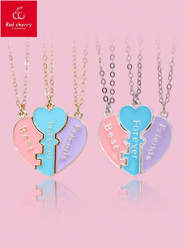 3pcs/Set Girls Zinc Alloy Heart Shaped Interlocking With Key Pendant "Best Friends Forever" Magnetic Necklace Set, Suitable For Girls And Best Friends