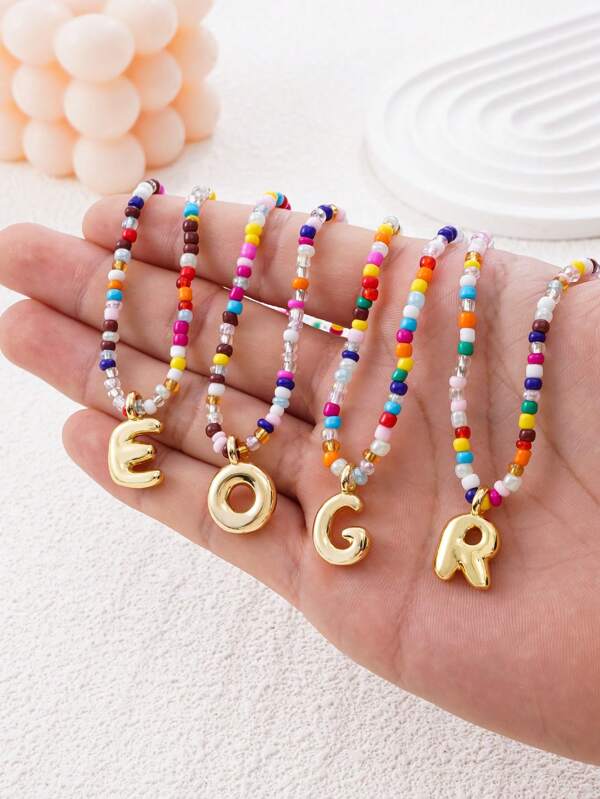 1pc Multicolor Glass Beads Letter Pendant Necklace, Bronze Tone