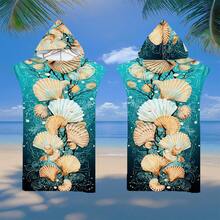 1pc Seashell Printed Hooded Cloak, Ultra-Fine Fiber Beach Blanket And Hooded Beach Poncho 2-In-1, With Buttons, Unbuttoned Can Convert To Beach Blanket, Super Absorbent Towel, Suitable For Travel, Swimming Pool, Diving, Surfing, Yoga, Camping, Available For Adults And Kids Back To School - Multicolor - View 14