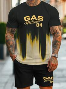 2pcs Men's Casual Summer Set - Short Sleeve T-Shirt And Drawstring Shorts, With Round Neck Muscle Workout T Shirt Gym Versatile & Comfortable, Sports Outdoor Active Bodybuilding Top Boyfriend Style Casual Wear Letter & Graphic Print, Regular Fit, Pocket Design