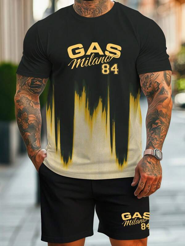 2pcs Men's Casual Summer Set - Short Sleeve T-Shirt And Drawstring Shorts, With Round Neck Muscle Workout T Shirt Gym Versatile & Comfortable, Sports Outdoor Active Bodybuilding Top Boyfriend Style Casual Wear Letter & Graphic Print, Regular Fit, Pocket Design
