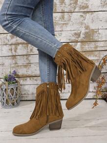 Women's Metal Decor Solid Color Fabric Fringe Boots, Outdoor Street Casual Fashion, Comfortable Thick Sole Brown Ankle Boots