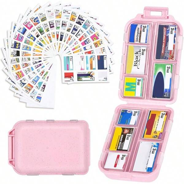 Large Travel Organizer With Medicine Labels, Travel Box Medicine Organizer Daily Container 10 Compartments Purse (Pink, 189 Lables)