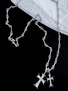 Halskette mit Kreuz, vergoldet/versilbert Anhänger mit doppeltem Kreuz, zarter Diamant-Kreuz Dekor an der Gliederkette, diskreter Choker, delikater Glaubensschmuck, religiöse Geschenke für Frauen