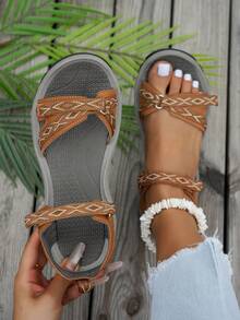 Women's Casual Sandals With Soft Comfortable Soles, Simple And Elegant Double Strap Design With Adjustable Hook And Loop Closure, Suitable For Commuting, Strolling, Leisure Travel, Etc. Geometric Patterned Bohemian Fabric, Flat Sandals For Beach, Summer - Yellow - View 2