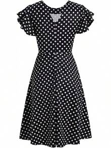 Women's Semi-Formal Ruffle Sleeve V-Back Work Fit And Flare Cocktail Knee Length Dress With Pockets, 2025 Style - 黑點 - 查看 4