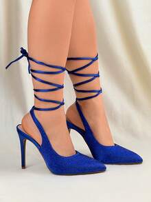 Fully Rhinestone Lace-Up Pointed Toe Sexy High Heel Sandals For Women - Blue - View 4