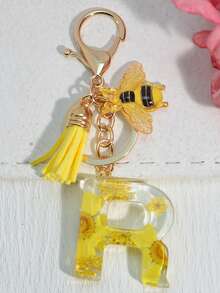 1 件首字母钥匙扣，带粉色可爱雏菊干花，女孩/女士包包吊坠装饰，带流苏配饰背包，适合学校汽车配饰哥特 Y2k - 黃色 - 查看 27