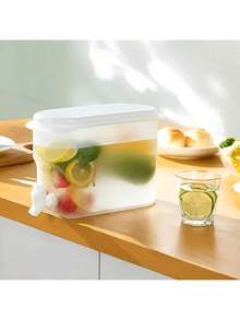 1pc Large Capacity Fridge Drink Dispenser With Tap, Rechargeable-Free PP Beverage Pitcher For Lemonade, Juice, Tea, Suitable For Family, High Capacity, Non-Slip, Thick, Home Kitchen Modern White Cold Water Container