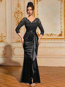 MIUSOL V 领撞色蕾丝荷叶边缎面晚会长款礼服黑色优雅舞会婚礼宾客礼服，适合毕业典礼、晚宴