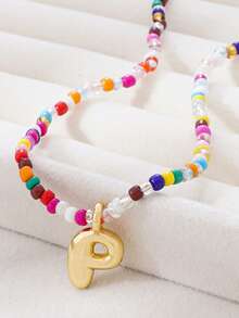 1pc Multicolor Glass Beads Letter Pendant Necklace, Bronze Tone - Multicolor - View 18