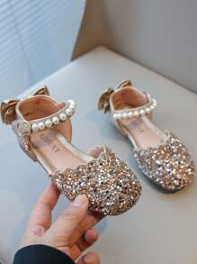 Nuevos zapatos de princesa para niñas con diseño de punta cerrada, con rhinestones, perlas, brillos y moño, zapatos planos para fiestas formales y vestidos, aptos para festividades, eventos y uso casual diario