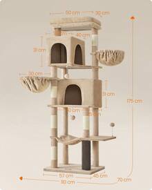 Arbre à Chat, Tour à Chat de 175 cm/ 190,7 cm de Haut, Multi-Niveaux, avec 2 Niches, 2 Paniers, 5 Griffoirs, Toilettage Autonome, Perchoir, Hamac,  Marron Camel - Camel - Voir 4