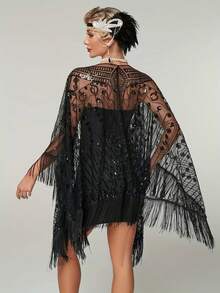1920s Vintage Sequin Embroidered Tassel Shawl, Elegant Retro Polyester Breathable Mesh Short Cape, Women's Fashion Party Evening Dress Accessory - Multicolor - View 9