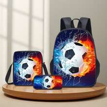 3 件套足球主题 3D 印花背包、斜挎包、铅笔袋、16 英寸书包、户外旅行包 - 黑色 - 查看 17