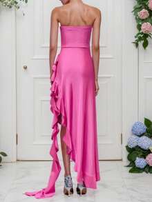 Vestido largo con escote sin tirantes y abertura alta en color magenta elegante y de moda. Elaborado con tela de poliéster de alta calidad, adecuado para vestidos de noche y se puede usar fácilmente en cualquier ocasión formal. - Ver 5