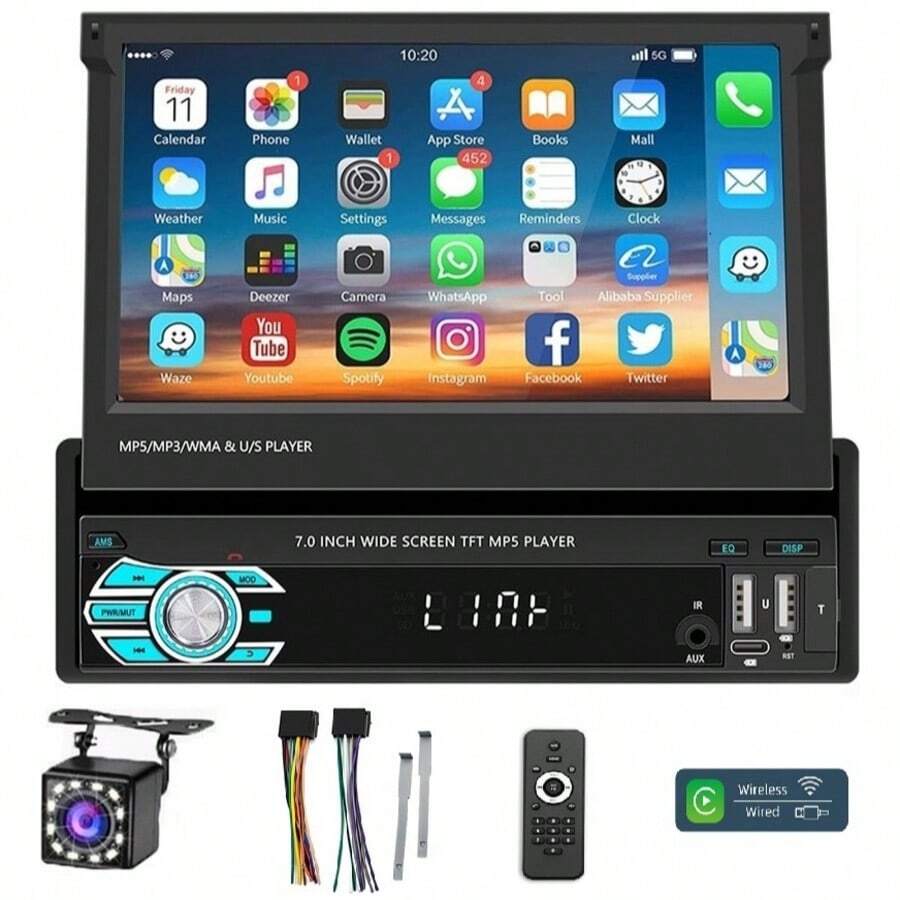TUNKE Autoestéreo Fnbrli Mirror Link Retráctil,2USB+Tipo-C,Soporte Bluetooth y CarPlay - Negro - CarPlay inalámbrico - Ver 1