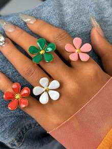 1 件甜美花卉滴油装饰女士戒指，适合约会、订婚礼物、日常佩戴 - 藍色 - 查看 7