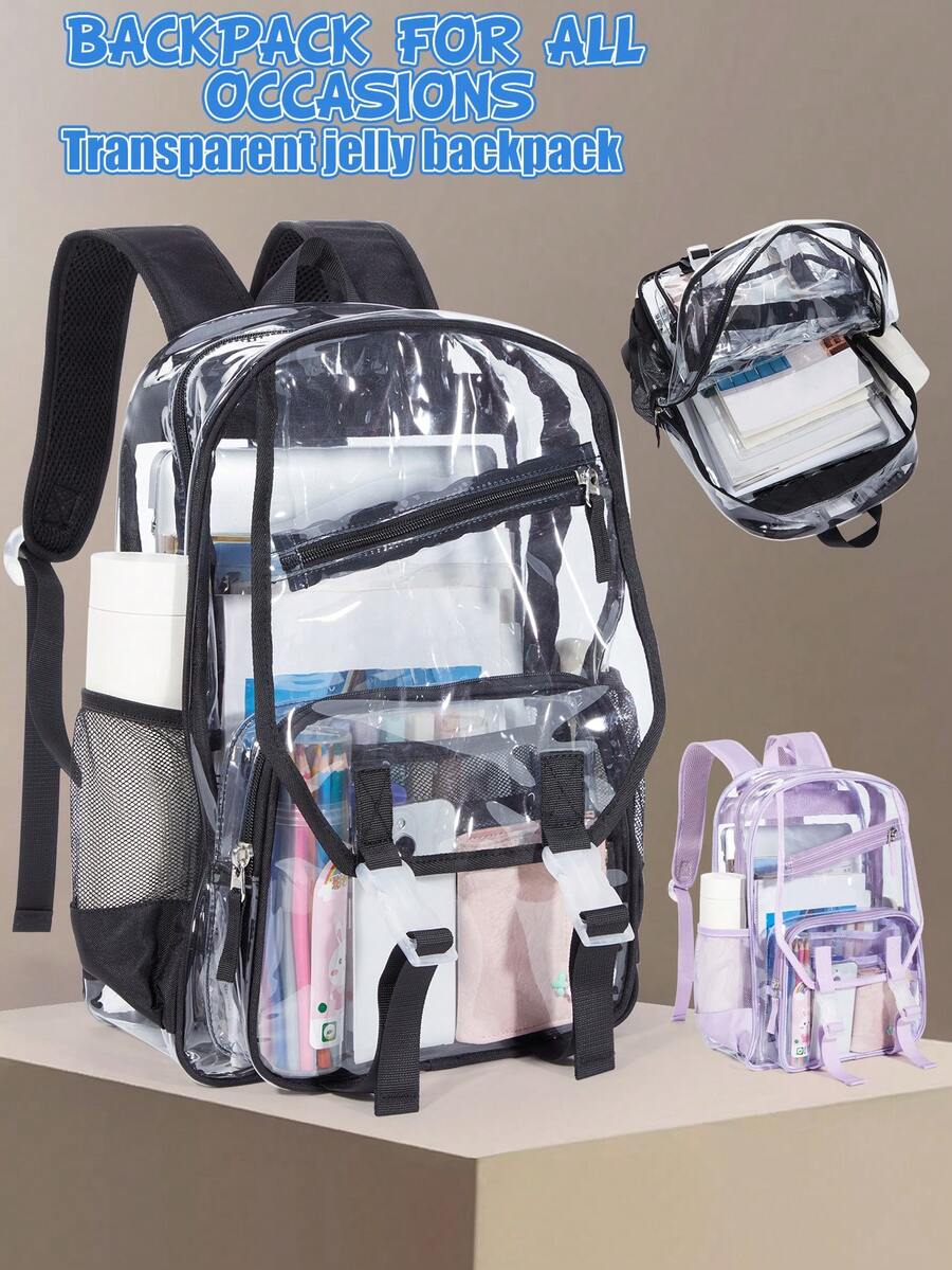 Casual Backpack For Men, Large-Capacity Transparent Jelly Backpack, Pvc Student Schoolbag For Women, 2025 New Style For Men, Fashionable And Personalized Transparent Waterproof Backpack, Primary School, Junior High School And Senior High School Schoolbag, Multi-Compartment Pocket Backpack, Travel And Travel Backpack For Girls, School Backpack For Both Men And Women, Waterproof Clear Backpack, Casual Style For Outdoor Sports Or Travel Convenience - Multicolor - View 1