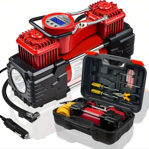 Compresor de aire de cilindro gemelo MESHUBA con caja de herramientas, apagado automático, inflador de neumáticos portátil de servicio pesado con manómetro digital y luz LED 12V 150 PSI