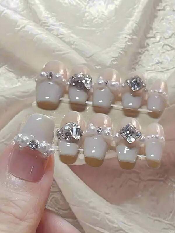 Handmade Medium Cofin Press On Nails, Valentines Nails , Romantic Nail Art, Balerina DIY Fake Nails French Tip Nails White Nails ,Nail Art Nail Supplies Rhinestones And Pearls, Glossy False Nails For Women And Girls. 10 Pcs