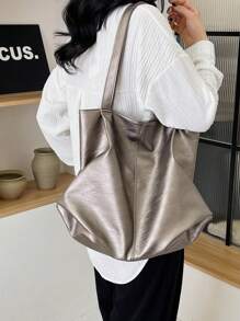 Large Capacity Tote Bag, Retro Style Faux Leather Handbag With Front Pocket For Work & Travel - Gold - View 4