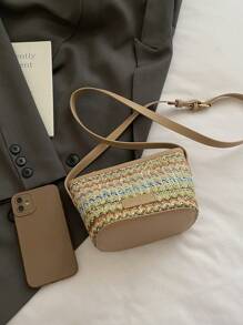 Bolso de cubo de estilo callejero y vacacional tejido de colores, bolso versátil para el hombro para mujeres