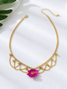 1 Stück Sommer Bohemien Vibrant Fuchsie asymmetrischer 5-Blüten Blumen Anhänger Halskette für Frauen, geeignet für Reisen, Urlaub, täglichen Outfit Tragen, Sommer Schmuck