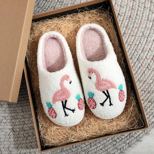1 par de pantuflas interiores de dama suaves y mullidas, con diseño de animal de flamenco de dibujos animados y planta, de suela antideslizante, apropiadas para otoño e invierno