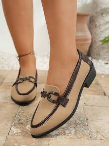 New Plus Size Pointed Toe Fashion Patchwork Beige & Multicolor Metal Buckle Shallow Slip-On Breathable Fabric Casual/Commute/Vacation/Shopping Comfortable Non-Fatiguing Retro Contrast Color Chunky Heel Versatile Ladies High Heels