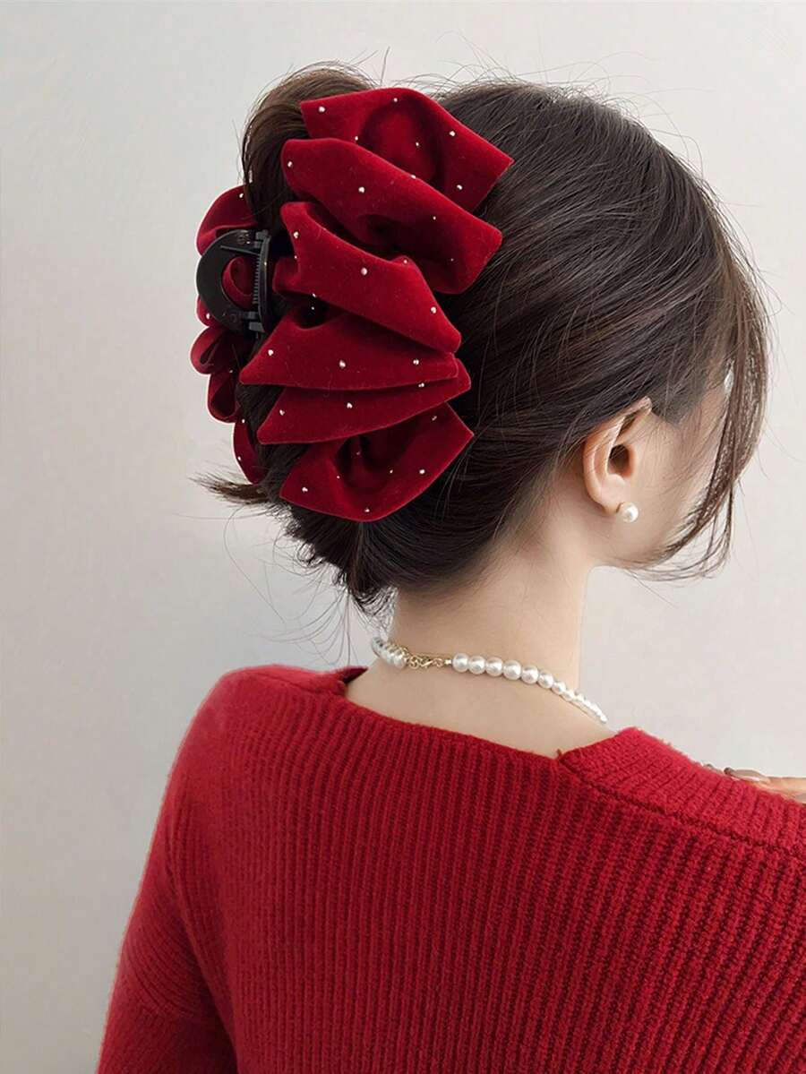 1 件勃艮第和黑色天鹅绒星空水晶蝴蝶结装饰发夹，高端迷人发饰，适合派对、舞会、闪亮装饰、社交活动和休闲装 - 酒紅色 - 查看 1