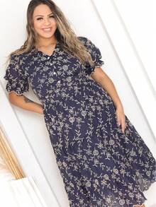 Women's Fashion Midi Dress In 3D Laise Fabric With Elastex On The Back And Button On The Front And Lining - 雙色海軍藍 - 查看 3