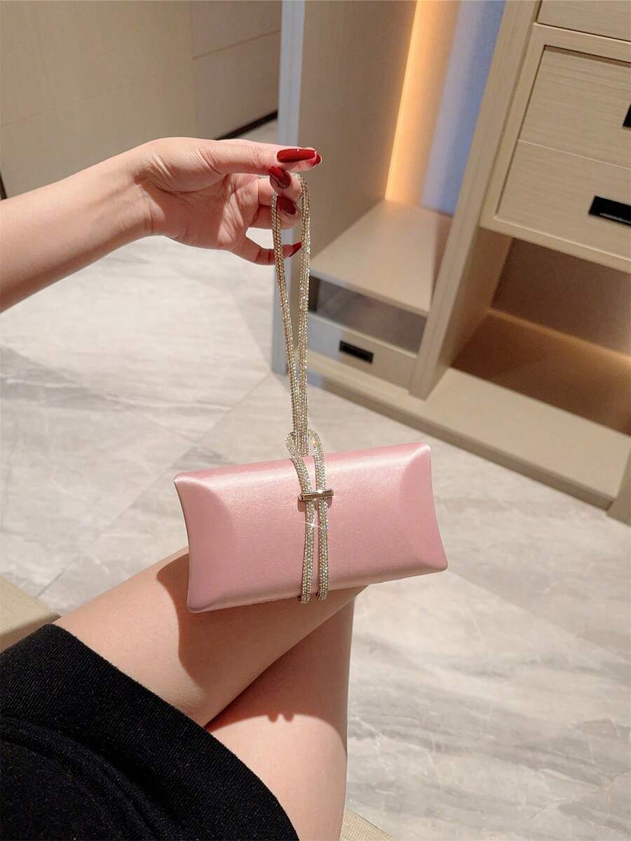 女士时尚水钻装饰缎面盒状手拿包晚宴包、正式派对包、迷你圣诞舞会手提包 - 粉色 - 查看 1