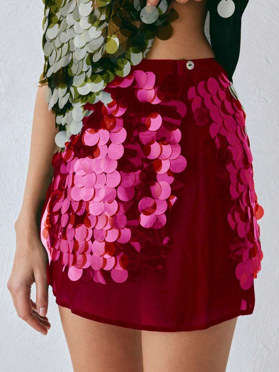 Sequin Mini Skirt For Women Summer Fashionable Versatile Solid Color Mesh Short Skirts - Hot Pink - View 1