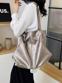 Large Capacity Tote Bag, Retro Style Faux Leather Handbag With Front Pocket For Work & Travel - Gold - View 7