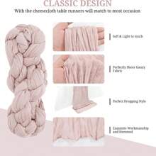 3pcs Grey & Pink Cheese Cloth Table Runner 35*118 Inch, Bohemian Cheese Cloth Table Runners, Suitable For Engagement, Party, Bridal Shower, Dinner Party, Outdoor Picnic, Christmas, Halloween, Thanksgiving, Wedding Table Centerpiece Decor