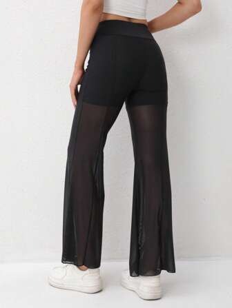 Women's Solid Color Mesh Patchwork Sheer Casual Sports Pants